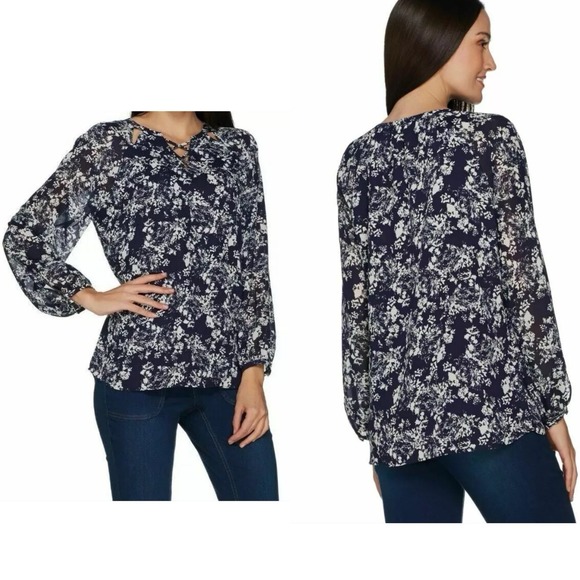 Floral Top Women's Plus Size 2X Blue Illusion Sleeve Boho‎ Sheer Tunic Feminine - Picture 1 of 11